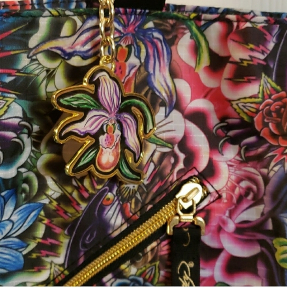 ED HARDY BY CHRISTIAN AUDIGIER FLORAL PANTHER TATOO PRINT TOTE BAG - Picture 2 of 13